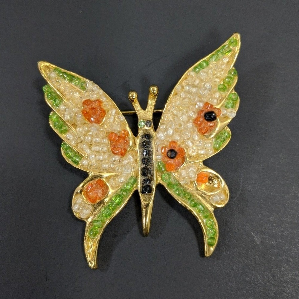 Vintage Gold Tone Beaded Butterfly Brooch Multi Color Seed Bead Pin Accessory